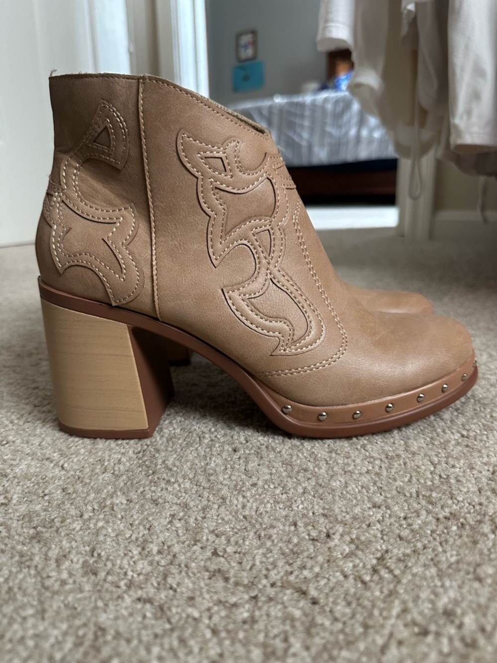Women's Beige Western-Style Ankle Boot with Block Heel